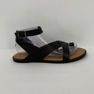 Lucky Brand Farran flat strappy sandal shoe black leather toe ring ankle 7.5